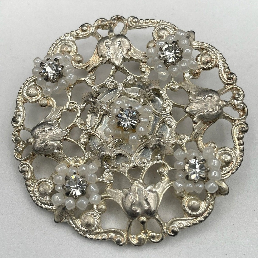 Vintage Silver Filigree Brooch w/ Rhinestones & Beaded Floral Accents Statement